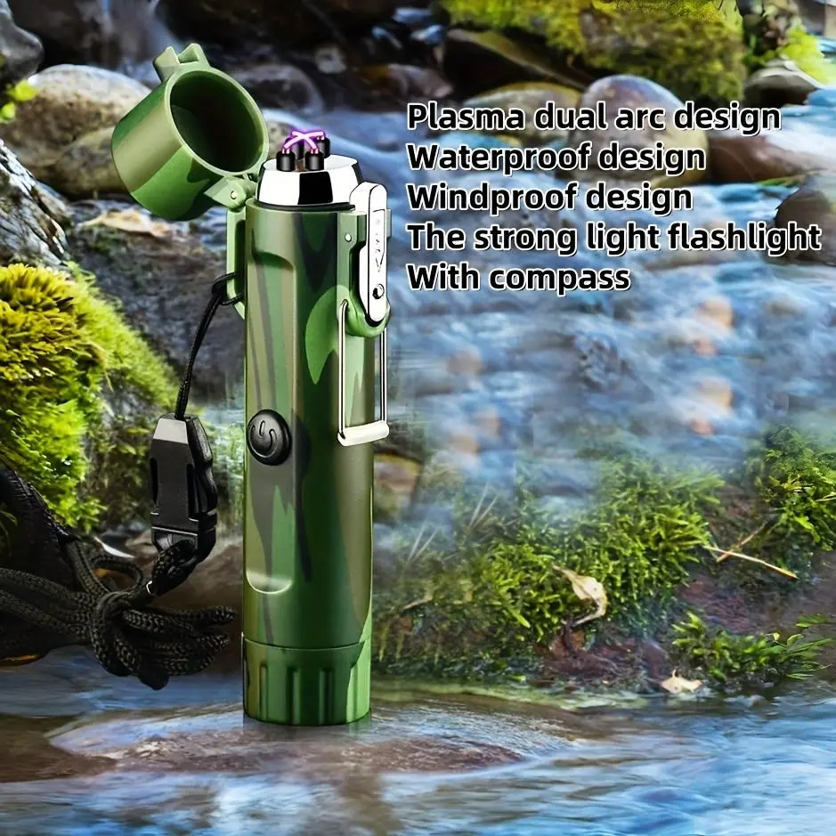 Plasma Double Arc Lighter with a Powerful Flashlight, Compass, USB Rechargeable, Windproof, Waterproof Features, Suitable for Outdoor Travel, Camping, Wilderness Exploration, Survival Kits, And Home Backup