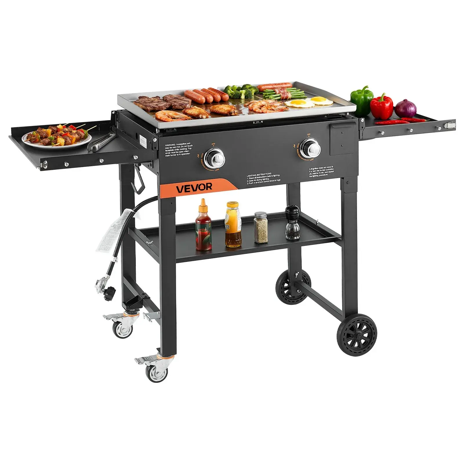 VEVOR Gas Griddle, 2-Burner Flat Top Grill, 28 inch Grill Plate Foldable Propane Griddle with Wheels, 30000 BTU Outdoor Flat Top Grills for Pan-Frying, Grilling, Stir-Frying, & BBQ, Pulse Ignition