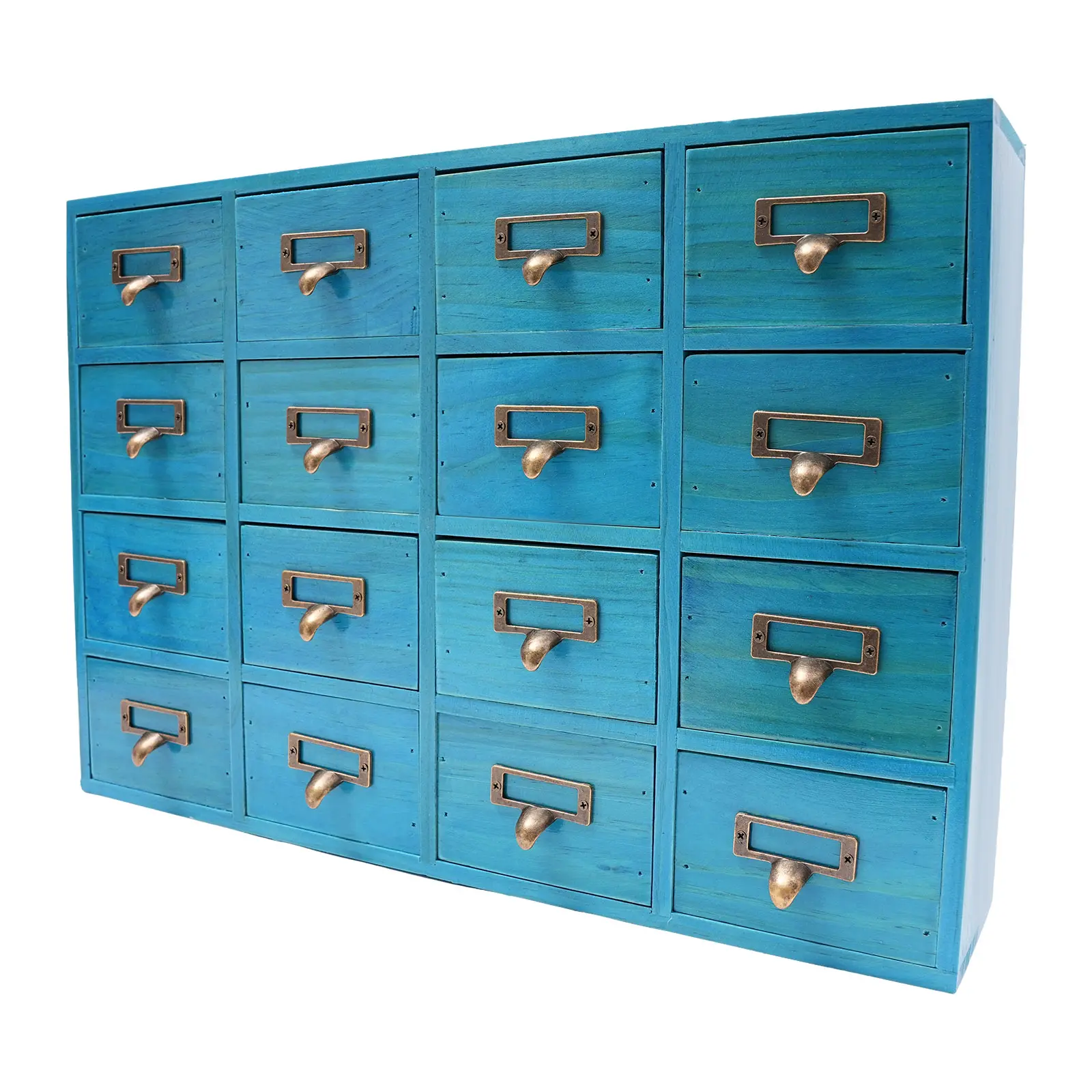 Fully Assembled 16-Drawer Compact Vintage Hand-Painted Eco-Friendly Wood-Metal Rectangular Modern Storage Cabinet - 50.5×9.5×35 cm Rustic Blue Desktop Organizer with Drawers for Jewelry Organization, Space-Saving Home Supply, 16-Drawer Set, Durable