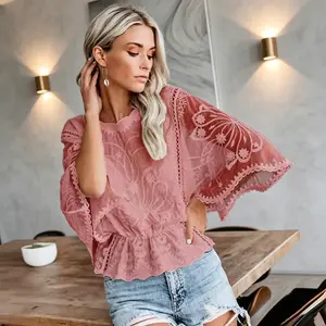Women's Lace-Trimmed Loose Short-Sleeve Batwing Cover Up for Swimwear, Sports & Outdoor Activities