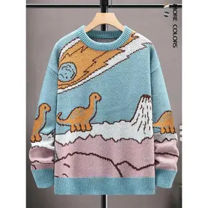 Men’s cartoon dinosaur print drop-shoulder sweater, casual regular fit long-sleeve crewneck jumper for autumn and winter, fashionable men’s knitwear for everyday wear