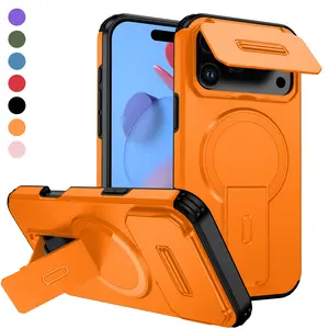 Magnetic Case Compatible with iPhone 17 Pro Max 16 15 14 13 12 11 with Kickstand & Sliding Camera Cover, Rugged Stand Protective Shock-Resistant Slim Shockproof Case