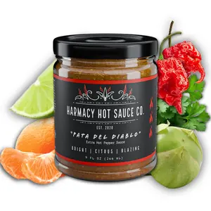 "Pata del Diablo" Extra Hot Tomatillo & Clementine Hot Sauce by Harmacy Hot Sauce, 9oz Jar, Vegan, Gluten Free, Nut Free, Gourmet, Soy Free, Chicken