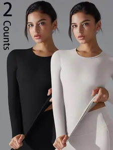 Women's Solid Round Neck Sports Tee, Fitness Running Tops, Quick Drying Long Sleeve T-shirt for Yoga Gym Workout, Ladies Sportswear for All Seasons, Gym Athletic Clothes