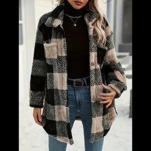 Women's Fashion Plaid Fleece Jacket with Pockets, Full Button Soft Warm Coat for Fall Winter, Classic Fit Comfortable Trendy Outerwear