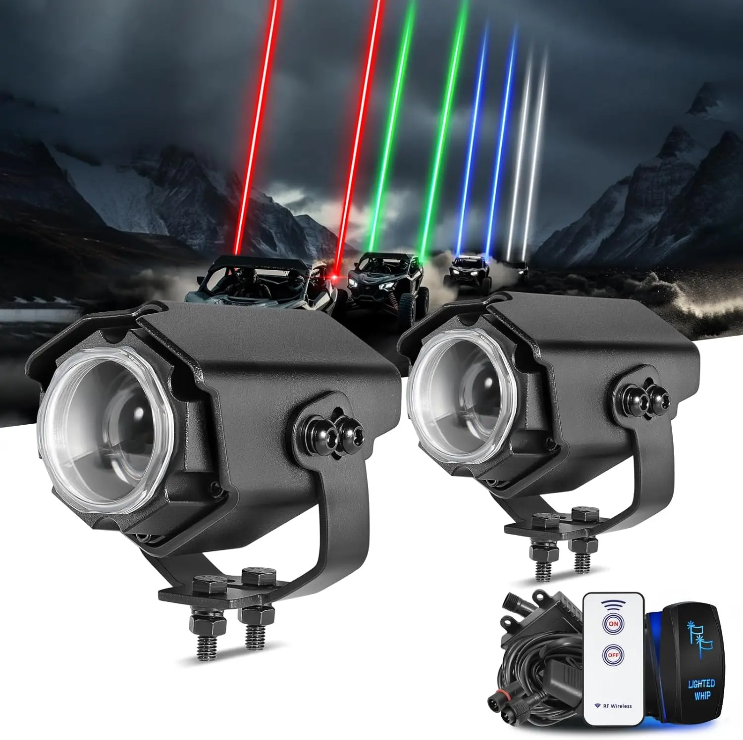 Whip Lights for Side by Side, 2Pcs Whipless LED Whip Lights with Switch & Remote RGBW Chase Pods Antenna Lighted Whip Kits for Polaris RZR Can-Am ATV UTV Dune Buggy Trucks Kawasaki