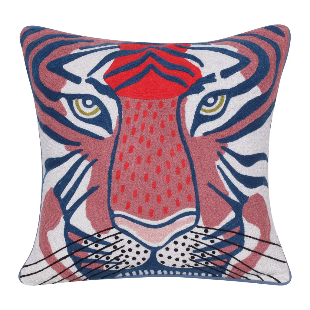 212 MAIN 100% Cotton Zippered Throw Pillow, 20x20 in. Casual Blue & Red Cheetah Print Cushion with Piped Edge, Embroidery, and Cushioned Support, Cushioned Cushions