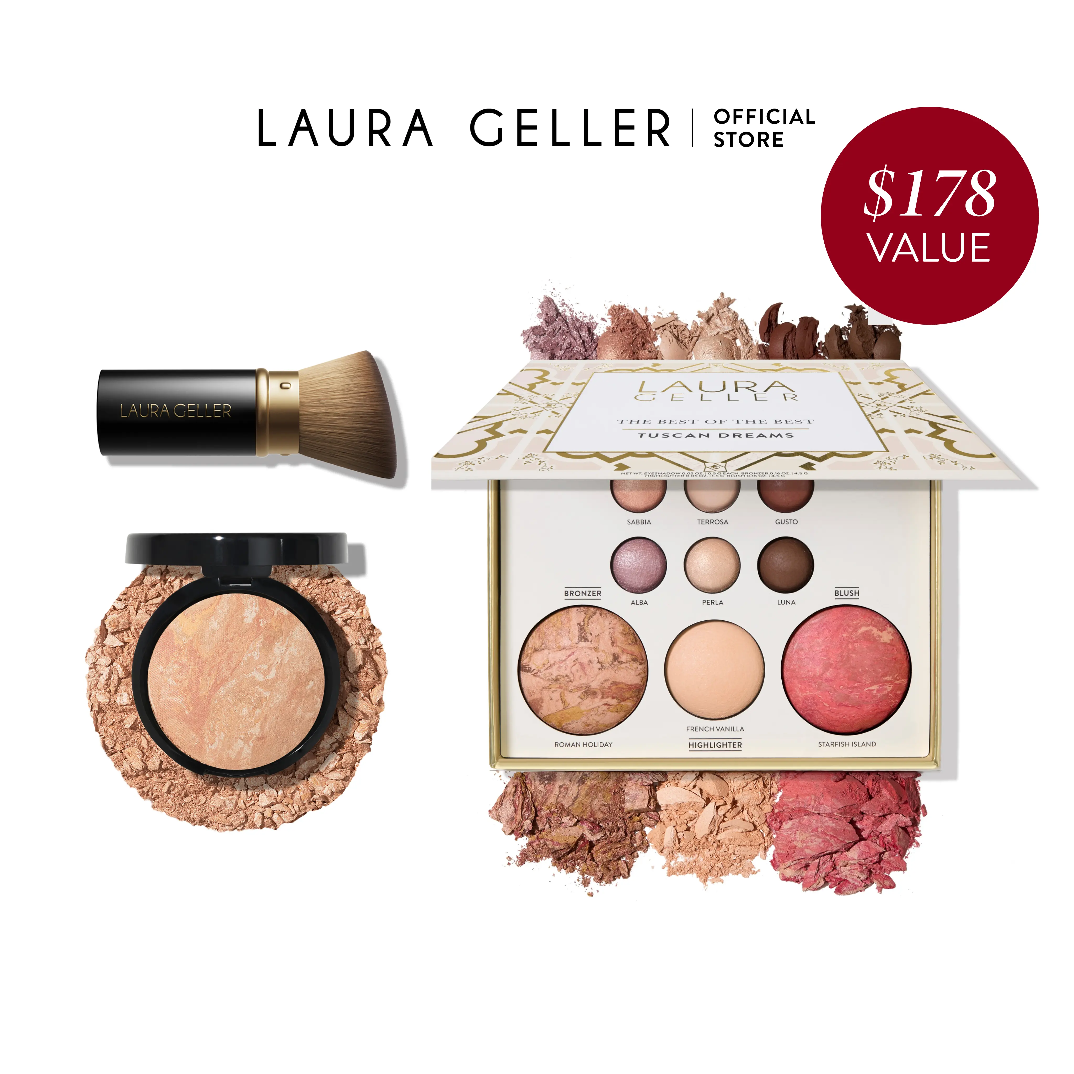 Laura Geller Baked Starter Kit - Tuscan Dreams - Makeup Palette, Powder Foundation, Brush