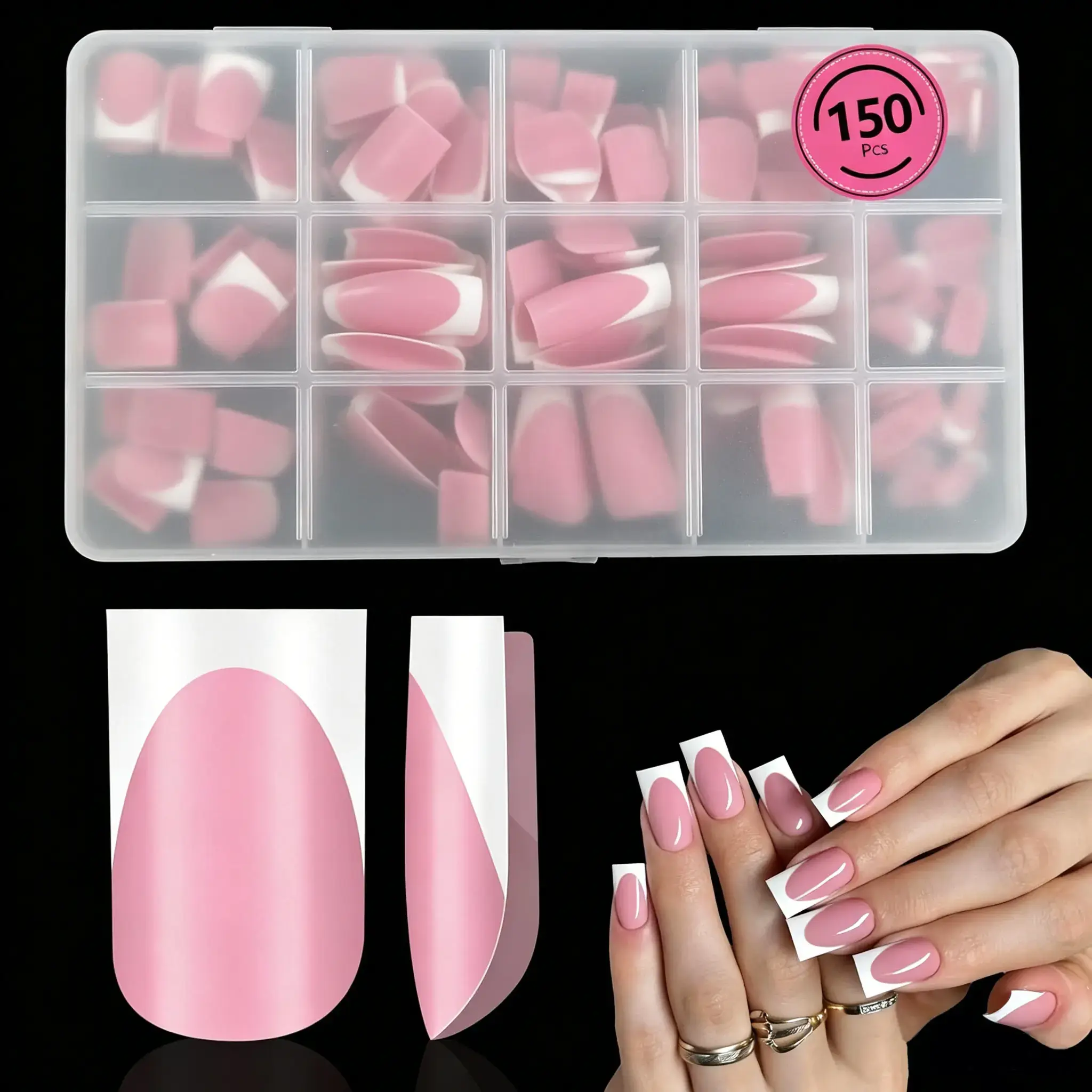 French Tips Press On Nails - 150Pcs Berry Pink Square Soft Gel Nail Tips Pre-Designed, No File Need Tips Pre,15 Sizes Fake Nails for Nail Art DIY, False Nails Salon Quality Manicure at Home Gifts For Women