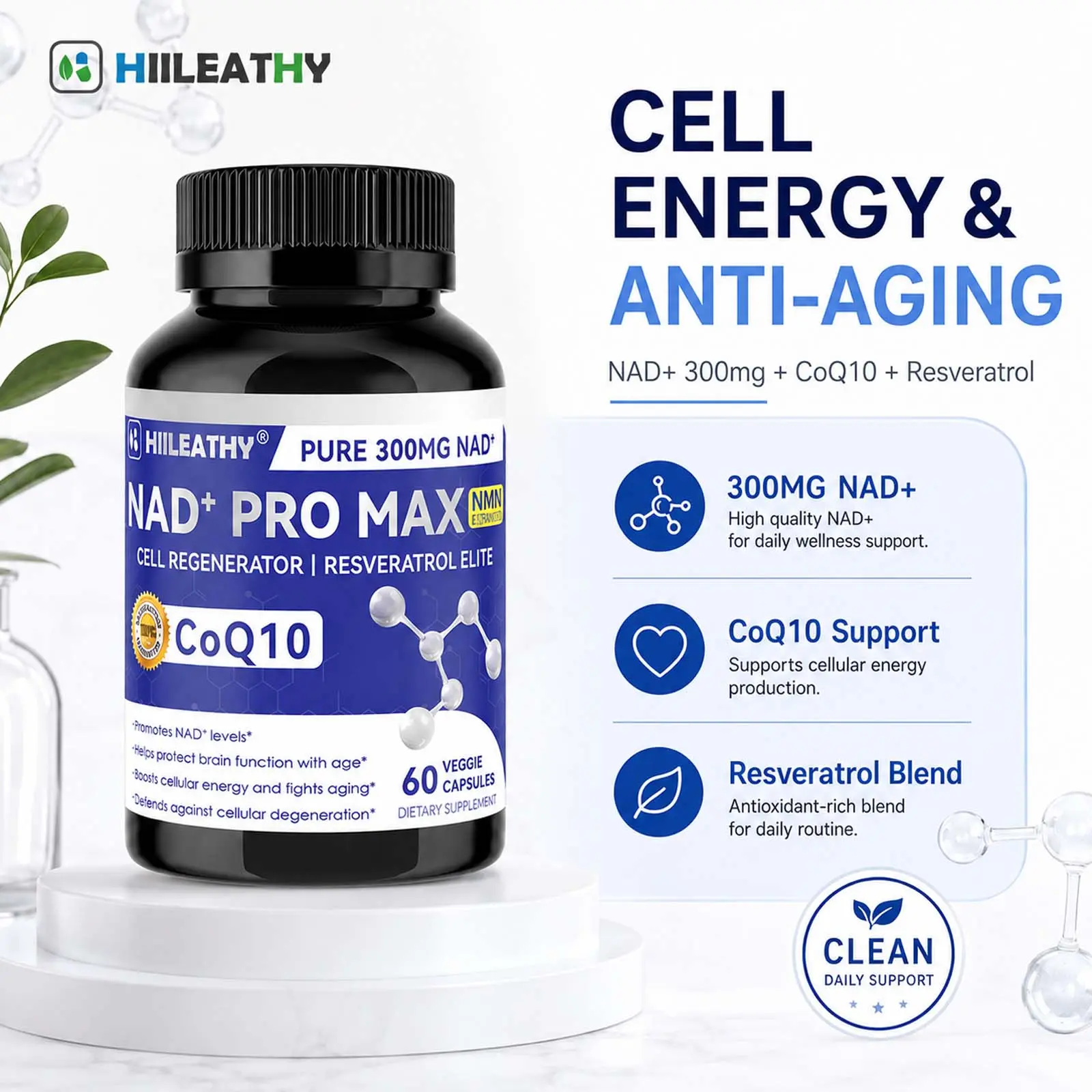 HIILEATHY NAD+ PRO MAX | Premium Formulated NAD+ Supplement | Natural Resveratrol & CoQ10 Complex | Daily Dietary Formula | USA Made