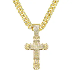 Trendy Hip-Hop Style Versatile Full Diamond Cross Pendant Cuban Necklace European and American Alloy Punk Choker