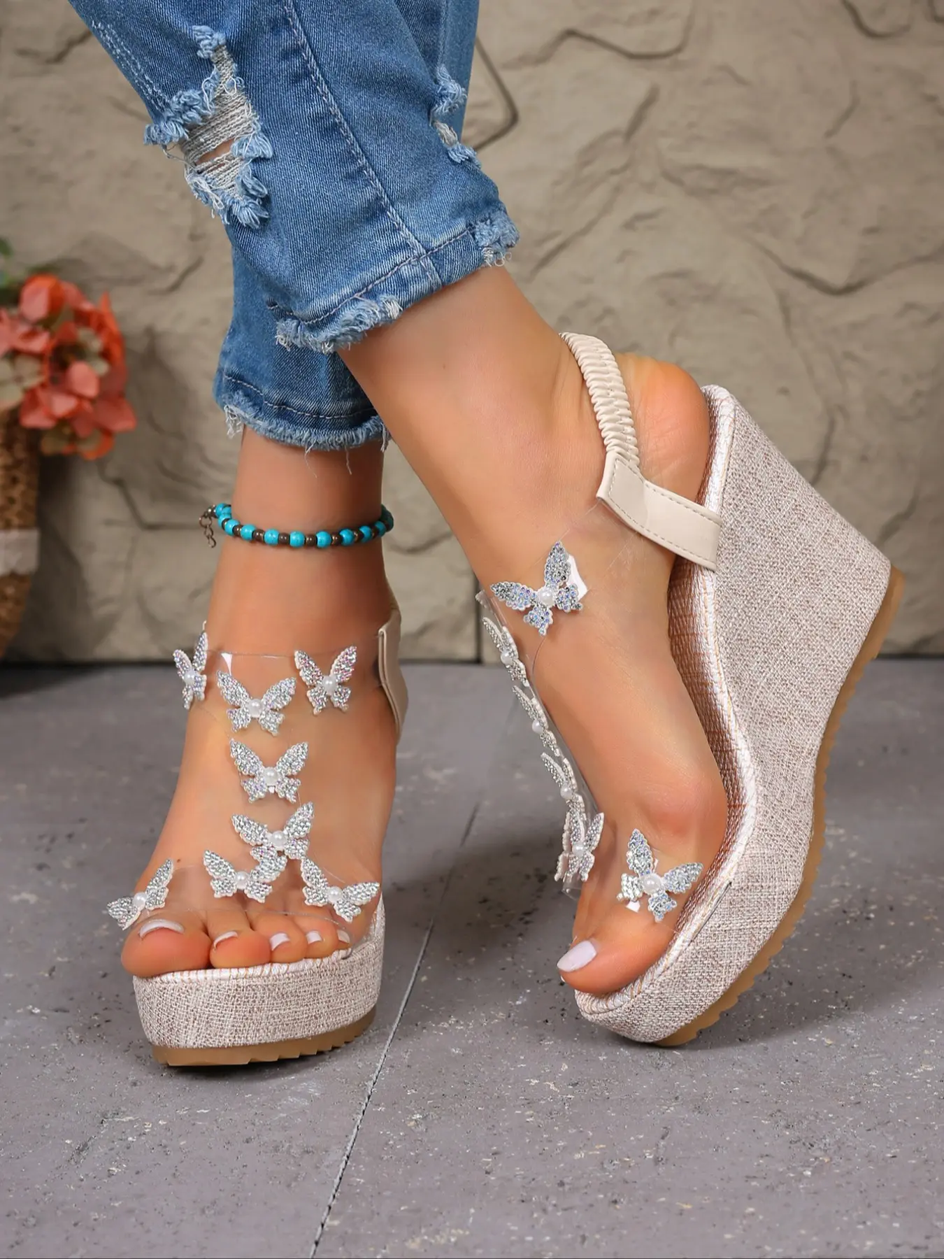 Women's High Heel Wedge Shoes Butterfly Decoration Waterproof Platform Vacation Shoes, Stylish and Comfortable Butterfly Embellished Footwear for Women Butterfly Design Wedges Heeled Shoes Wedge Heels