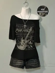 Punk Soul Guitar Graphic T-Shirt for Women | Off-the-Shoulder Oversized Tee, Non-Rhinestone Vintage Cotton, Grunge Rock Y2K E-Girl Streetwear, Retro 90s, Indie Aesthetic, Edgy Street Style, Trendy 2025, Distressed Print, Music Lover Top, Cyber Grunge, Alt