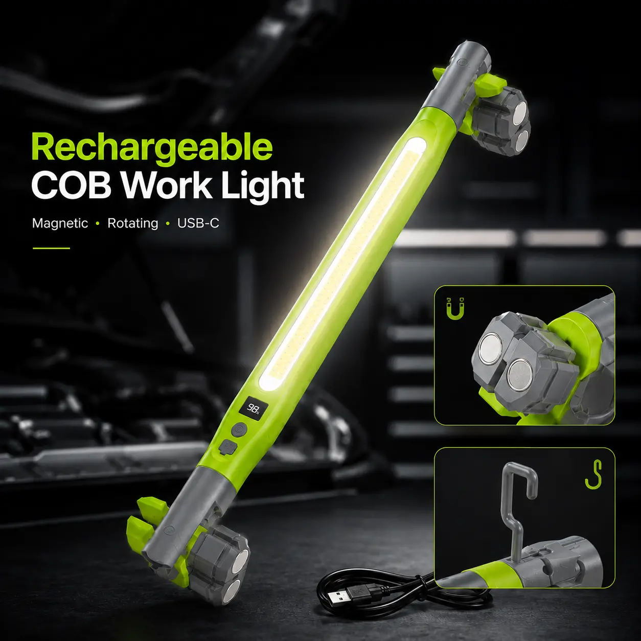 Rechargeable COB Work Light, USB-C Magnetic LED Inspection Light with Hook & Clamp, 360° Rotating Portable Garage Mechanic Light for Car Repair, Emergency, Camping, Father’s Day Gifts for Men Dad