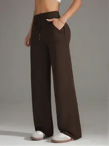 High Waist Drawstring Elastic Casual Sport Pants, Wide Leg Straight Leg Gym Pants, Pocketed Fall & Spring Long Pants, Fitted Style, Drawstring Waist Athleisure, Drawstring Waist Sweatpants, High Waist Sports