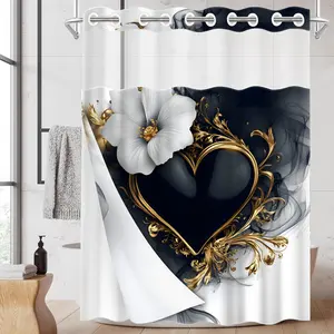 1PC 2D Flat Heart-Shaped Floral Pattern Flower Double-Layer Woven Shower Curtain (No Hooks), Transparent Top Window, Removable liner with snap-on lining, Modern and Unique Home Bathroom Partition Art Decoration, Bathroom Decor, Holiday Decoration