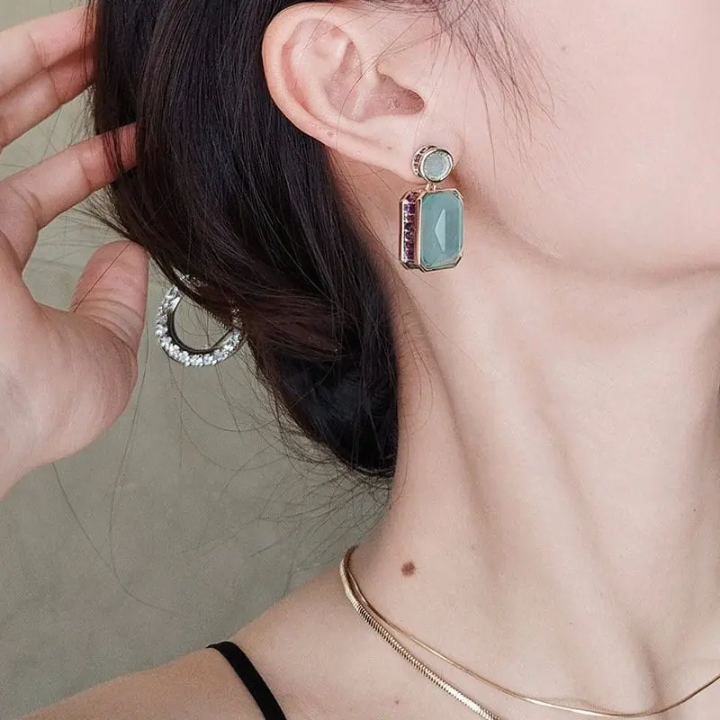 Large Rectangle/WaterDrop Green Chalcedony Earrings