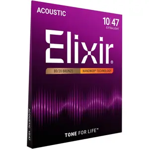 Acoustic Guitar Strings 80/20 Bronze NANOWEB Coated Extra Light 10-47 – Bright Long-Lasting Tone Comfortable Feel 6 String Set
