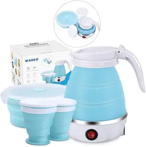 Portable Electric Kettle Travel Size, 600MLSmall Foldable Tea Coffee Kettle with Collapsible Bowl and Cups,5 Min Fast Water Boiling,BPA Free Food Grade Silicone