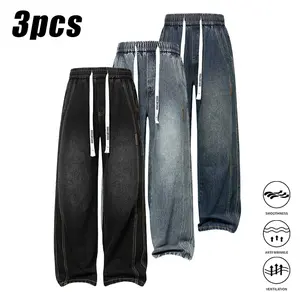 Autumn And Winter Men'S Jeans, Washed Men'S Trousers With Drawstring Design, Cotton Blend, Everyday Casual Men'S Comfortable Fashion Pants Denim Streetwear Loose Straight Leg