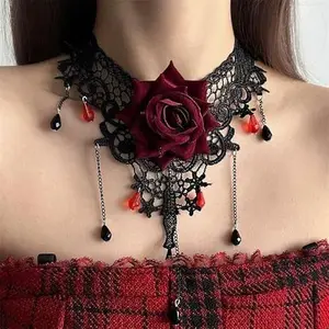 Gothic Black Lace Red Rose Flower Choker Necklace for Women - Quiet Luxury Trendy It Girl Ins Aesthetic Goth Bold Statement Jewelry valentines gifts for gf