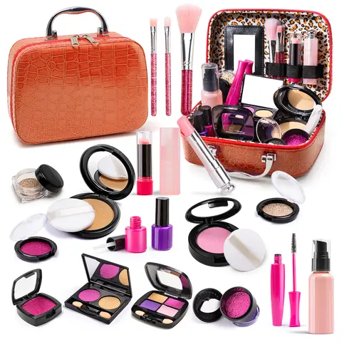 Kids Vanity Simulated Makeup Kit for Toddlers 3-10 Years, Portable Pretend Play Set with Washable Makeup Bag, Easy Storage, Ideal for Birthdays, Toddler Girl Stuff with Cosmetic Bag Accessories,familyfun