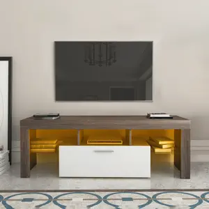 Modern TV Stand for 55" TV w/Toughened Glass Shelf, Brown+White, LED Color-Changing Lights, 16 RGB Modes, Remote Control, Adjustable Feet, E1 Particleboard Entertainment Center