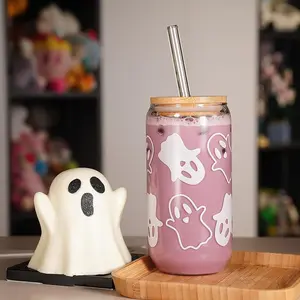 ANOTION Summervibes 18oz Halloween Ghost  Mugs Halloween Decor Halloween Gifts - Decorations Glass Cups Tumbler for Iced Coffee, Glassware Cookie Jar Decor Gift Drinking Water Bottles Bamboo Drinkware Set Straw