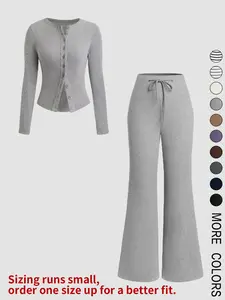 2-Piece Solid Color Knit Long Sleeve Top and Drawstring Micro Flare Pants Set, Stylish Women's Casual Set for Every Occasion
