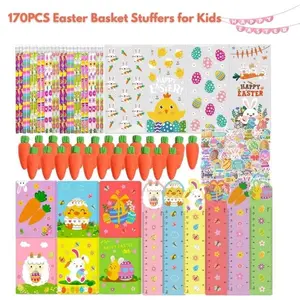 170PCS Easter Basket Stuffers for Kids – 24 Pack Stationery Set with Pencils, Rulers, Erasers, Notebooks, Stickers, Gift Bags, Party Favors, Treat Bag Fillers for Boys & Girls