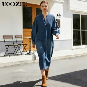 UOOZEE Women's 2026 Vintage Blue Basic Oversized Denim Maxi Casual Dress - Round Neck, Fabric Buttons, Pockets, Long Balloon Sleeves, Loose Fit Style 1-Piece for Beach, Casual Wear (Pair with Turtleneck Accessories)