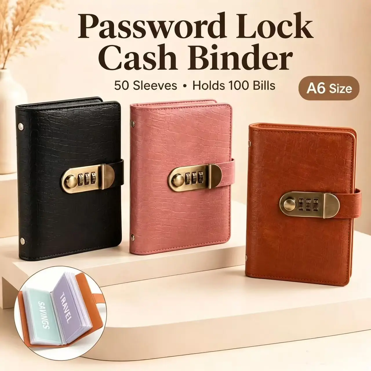 A6 PU Leather Password Lock Cash Binder with 50 Cash Sleeves, Holds 100 Bills, Combination Lock Budget Planner Book, Cash Envelope Organizer for Cash Stuffing & Savings Challenge Money Management