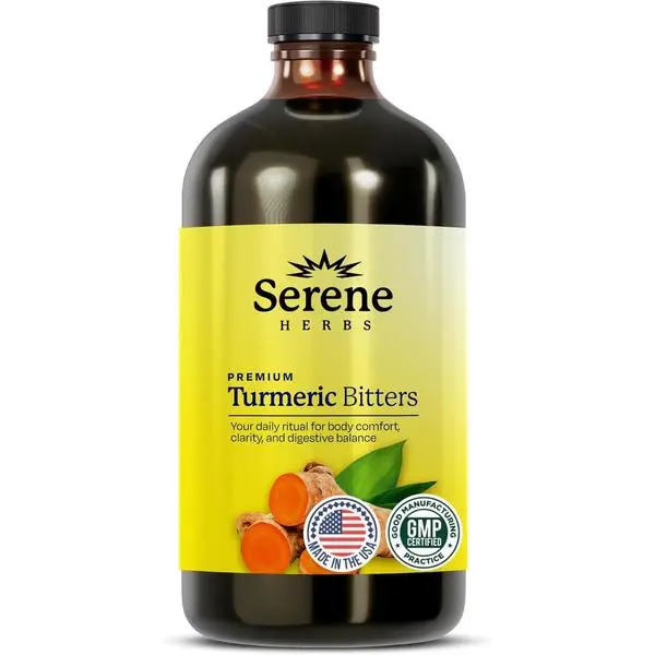 Serene Herbs Liquid Turmeric with Black Pepper - Turmeric Shots Curcumin Supplement 1000mg Extra Strength Herbal Drink, Digestive Bitters for Bloating Relief, Joint Health, Energy & Clarity - 16oz