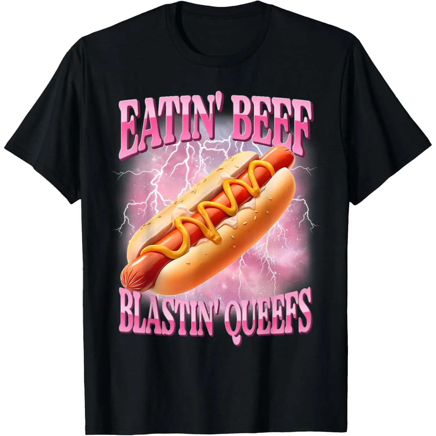 100% Cotton Graphic Tee for Men, Multi-Size Sports Top with Playful Hotdog Eating Beef Blasting Queefs Print, Casual Outdoor Clothing, Graphic Tees