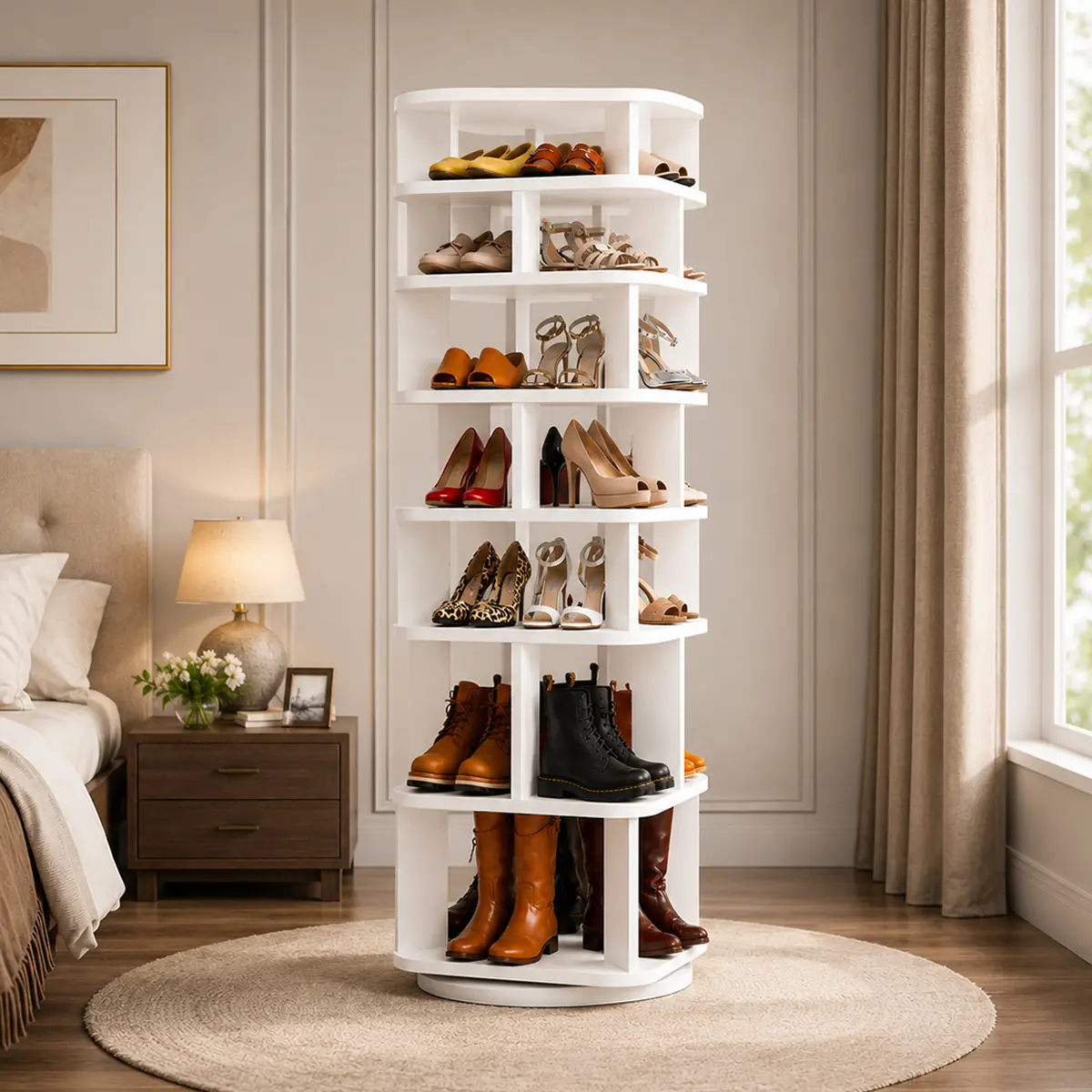 Cyclysio 7-Tier Rotating Wooden Shoe Rack Organizer - 360° Rotatable Multi-Height Wood Tower with Boot Storage, Square Corner Indoor Furniture Shelf, White, Rotates