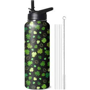 40oz St Patricks Day Water Bottle with Handle and Flip Straw, Green Irish Shamrocks Stainless Steel Insulated Cup, Travel Coffee Mug Tumbler, Gifts for Women Men