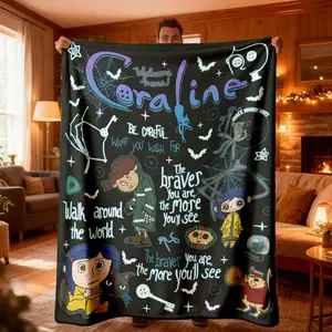 Ghost Mom Coraline Graffiti Patchwork Flannel Blanket, Soft Lightweight Warm, Bedroom Holiday Decor, All Seasons, Bed Sofa Office Camping Travel Gift