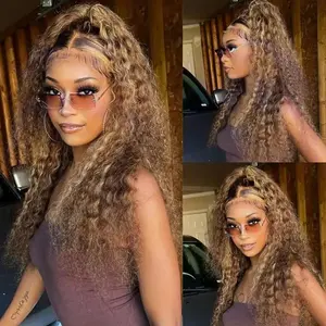 Hidden Strap 360 Deep water Wave Lace Front Wigs Human Hair Honey Blonde Curly Human Hair wig Ombre Deep Wave 4/27 Highlight Lace Front Wigs Wet And Wavy Water Wave Wig for Women 180% Density