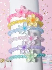 6pcs Cute Flower Pendant Pearl Beaded Bracelet, Bangle, Wrist Accessories for Girls, Perfect for Everyday, Festival, Birthday, Party Wear