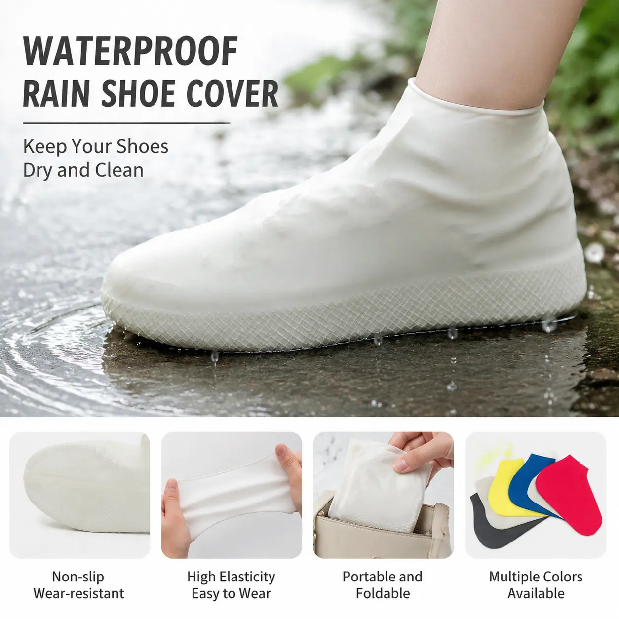 Stretchy Shoe Covers, Reusable Waterproof Protectors with Textured Anti-Slip Sole for Outdoor Walks on Rainy Days, Stretchy Fabric, Cover Shoe & Boot Toe Guards