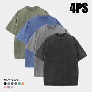4-Pack Oversized Cotton Vintage Heavyweight Crew-Neck Short-Sleeve T-Shirts, Unisex, Acid-Wash Finish, Loose Fit, Suitable for Everyday Wear and Sports.