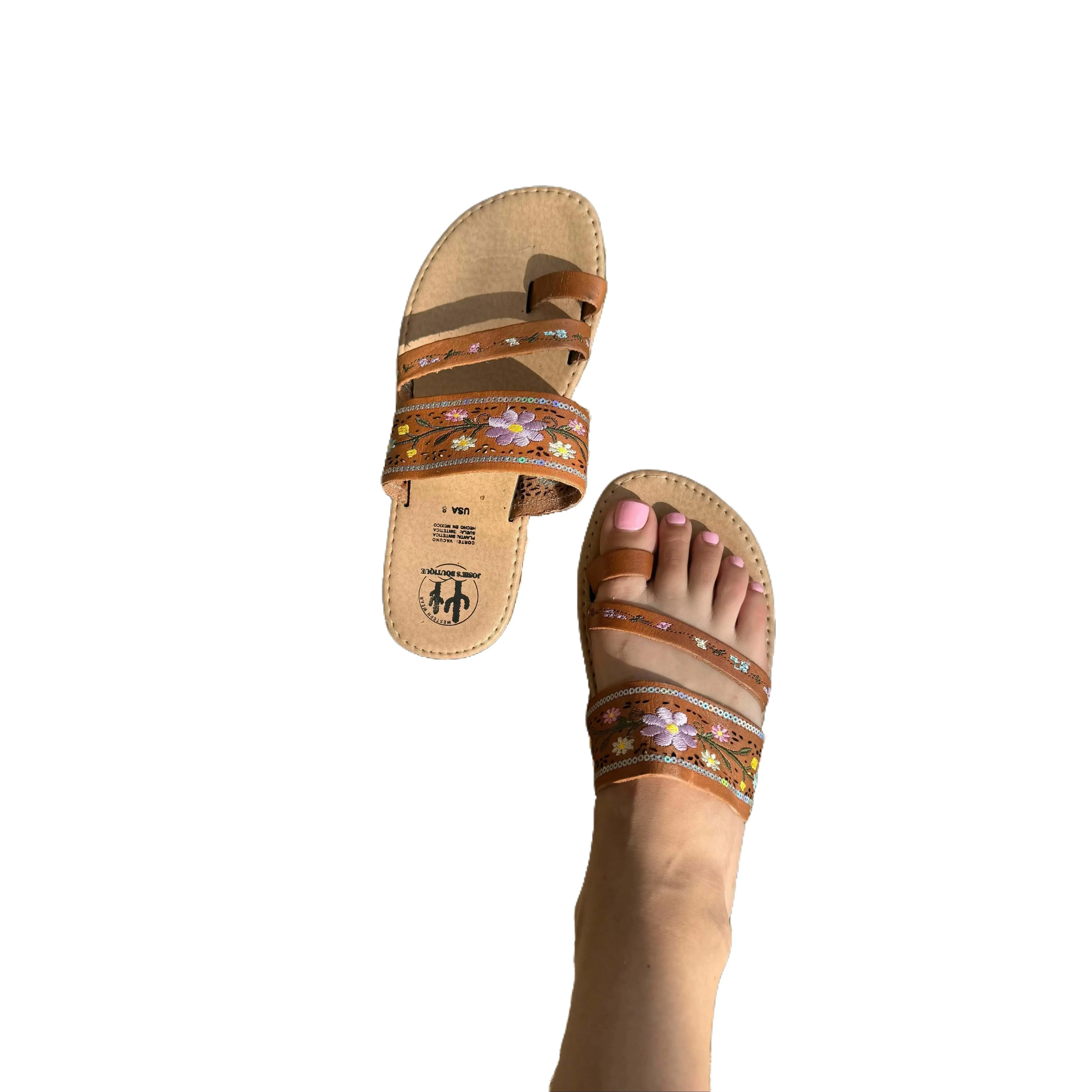 Florecita Huarache Sandals Handmade in Mexico Natural Leather with Floral Embellishments Comfortable Stretchable Design for Women
