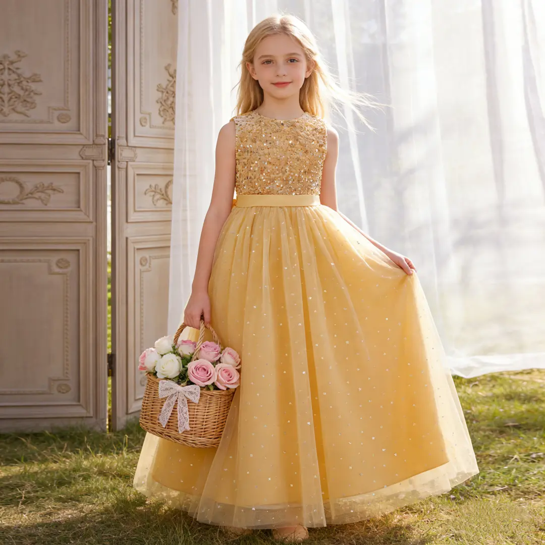 661 Girls long princess dress flower girl wedding dress host piano performance children's birthday fluffy tulle dress