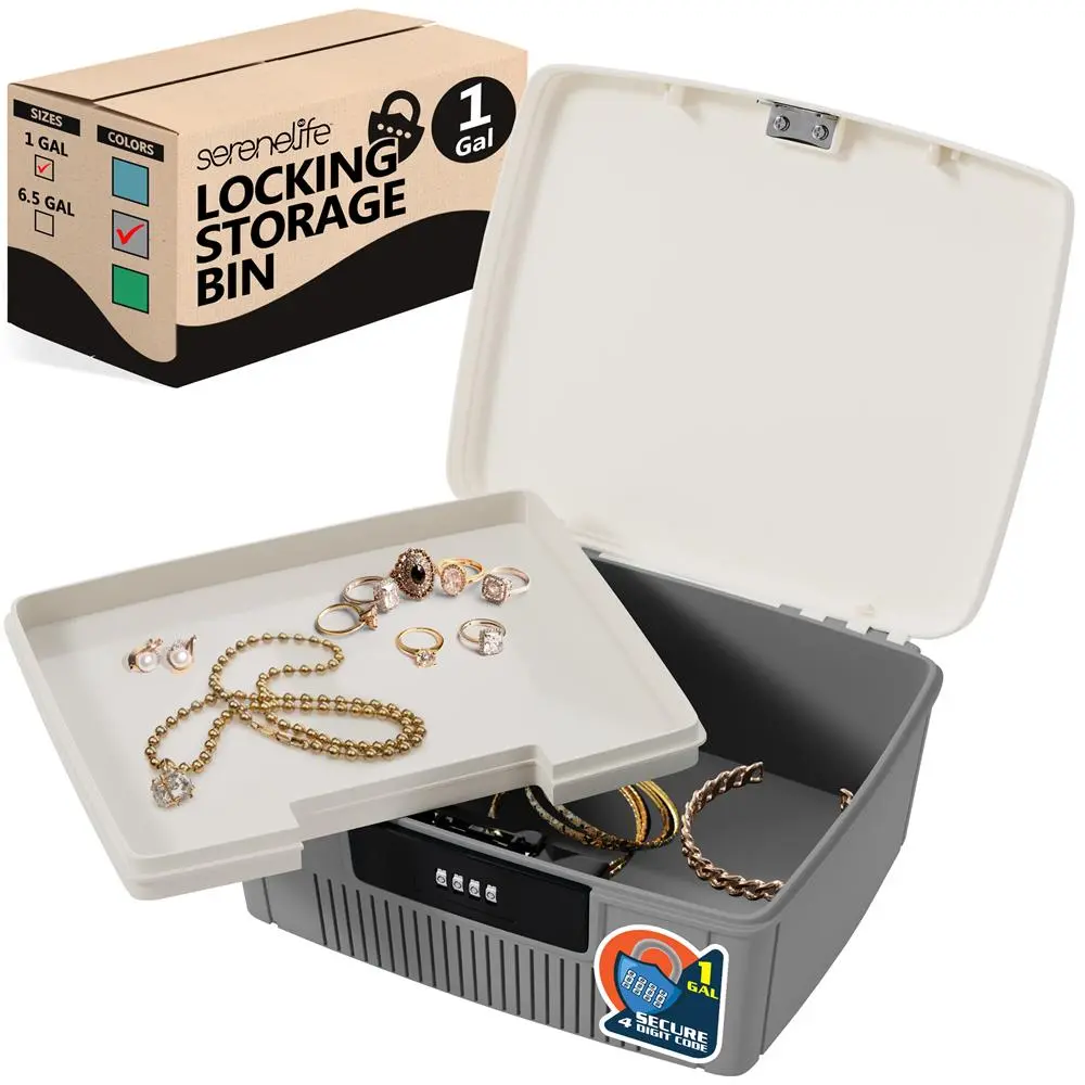 Gray Lockable Storage Box with Integrated Combination Lock - Durable ABS Closet Storage Organizer, Anti-Scratch Stackable Home Organizer with Safety Features