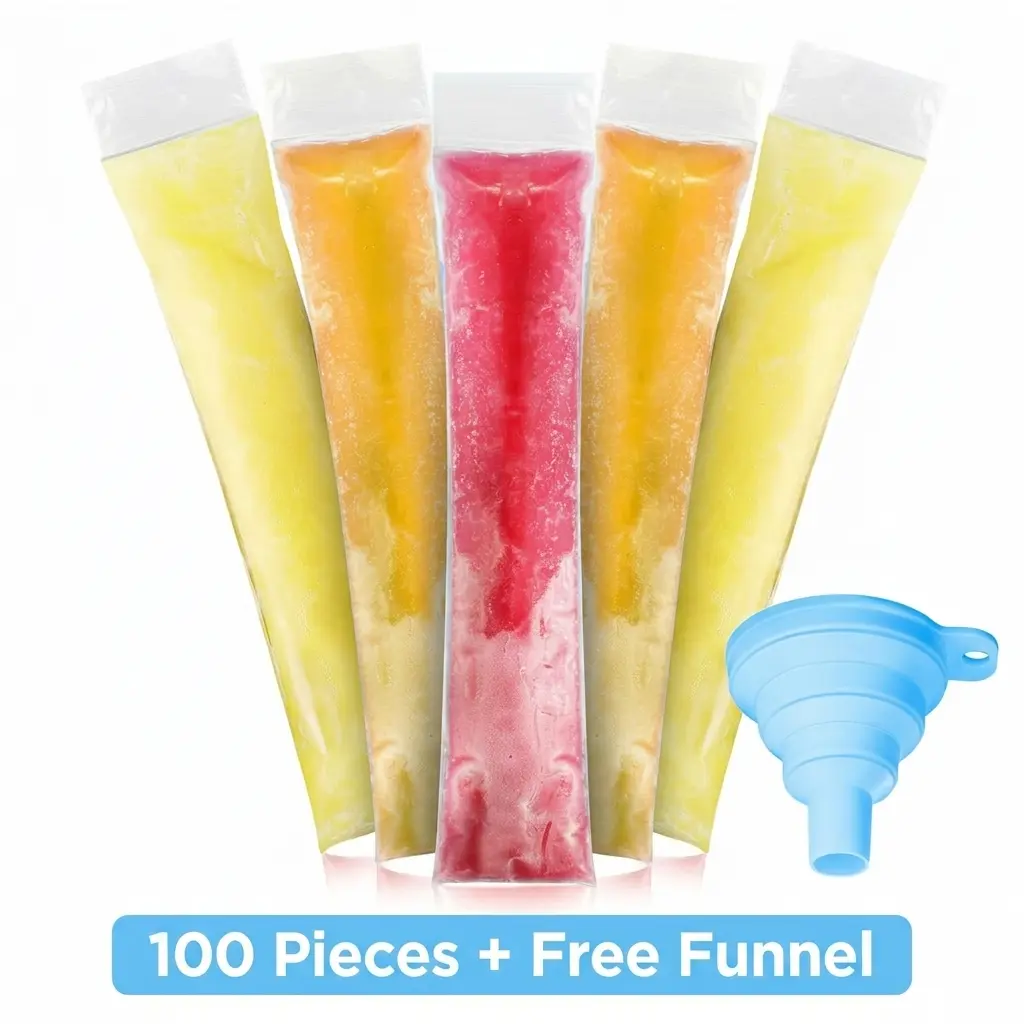 100-Pack BPA-Free Disposable Tube-Form Silicone Ice Pop Mold Bags with Funnel & PE Material Ziplock Popsicle Pouches, Kitchen Accessories & Utensils for Homemade Snacks/Yogurt/Juice, Summer Kids' Party Tool