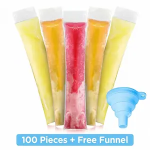 100 Pack Disposable Ice Pop Mold Bags with Funnel, BPA-Free Ziplock Popsicle Pouches for Homemade Snacks, DIY Freezer Tubes for Yogurt, Juice and Fruit Smoothies, Portable Ice Candy Maker for Summer Parties and Kids