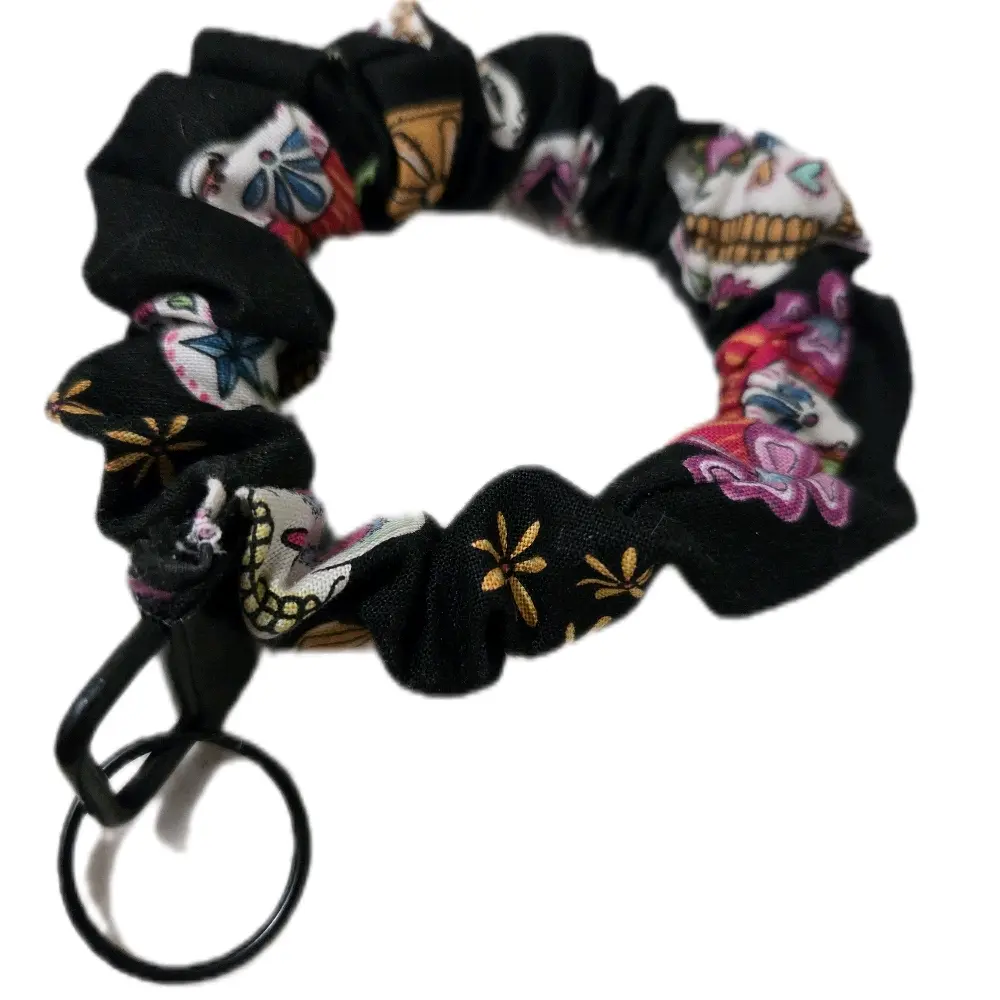 Day of the Dead Scrunchie Keychain with a Vibrant Multicolor Animal Print, Festive Theme Fabric Accessory for Halloween and Unisex Wear, Fun Accessory, Skulls
