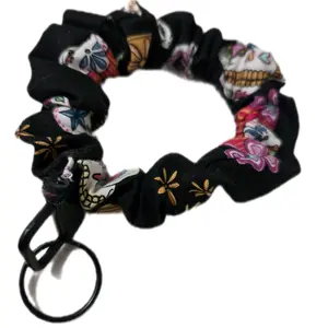 Halloween Scrunchie Keychain with Key Ring Multicolor Fabric Design for Autumnal Accessories Featuring Pumpkins Bats Cats & Skulls