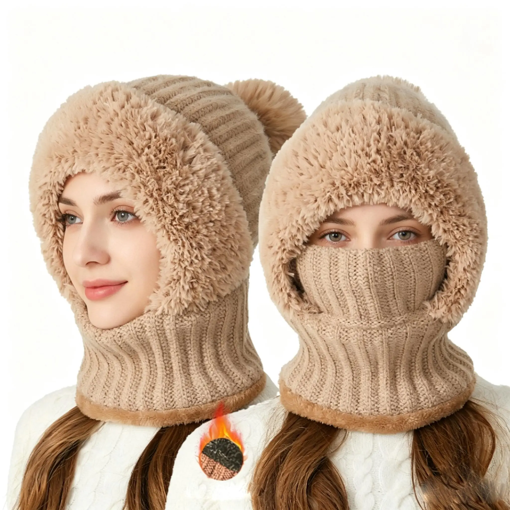 Women 3 In 1 Fleece Lined Balaclava Winter Hat, Thermal Knit Windproof Full Face Cover Neck Warmer Scarf, Thick Warm Ski Beanie Hat for Outdoor Cycling Snowboarding Hiking Cold Weather