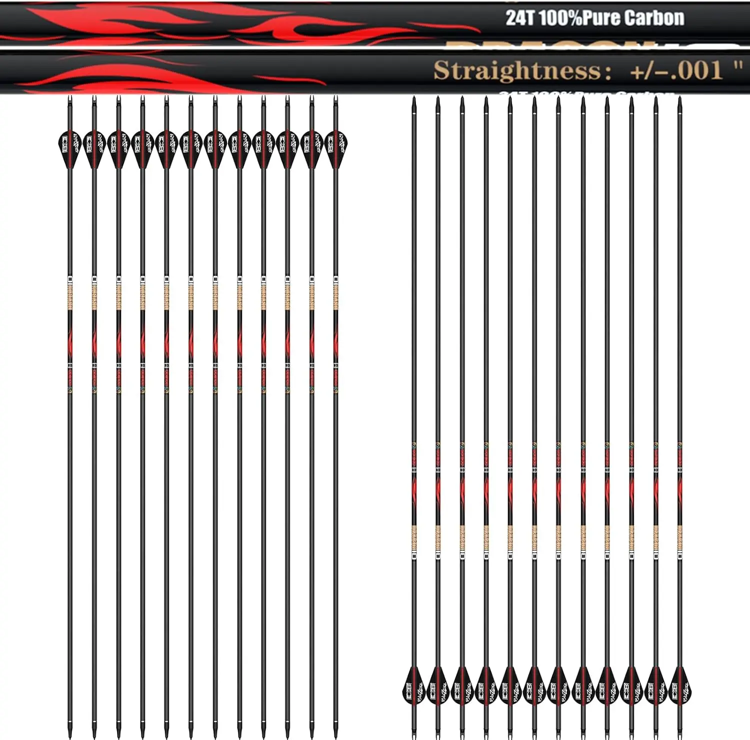 Sanlida 100% Pure Carbon Hunting Arrows, Olympic-Grade 10 Spines Deflection (Unique), 0.001" Straightness, Buy 12 Get 12 Free, For Compound & Recurve Bows (24PCS)